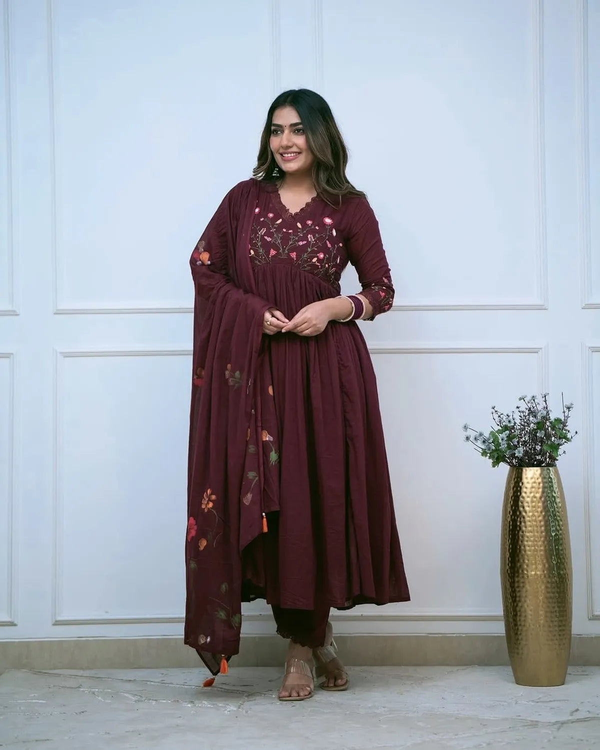Maroon-Cotton-Kurta-Pant-Set-with-Beautiful-Embroidery-and-Sequence