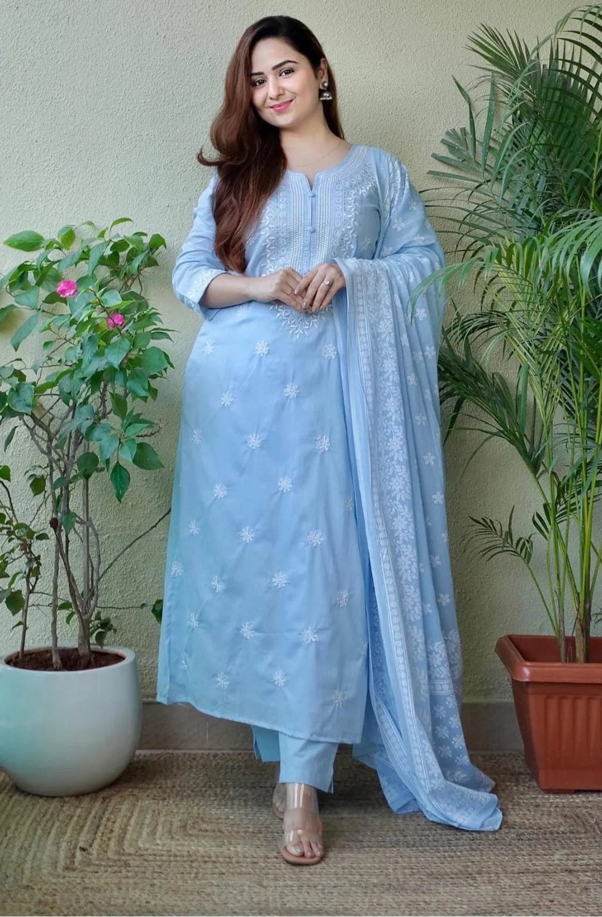 Sky Blue Cotton Embroidered Kurta Pant Set
