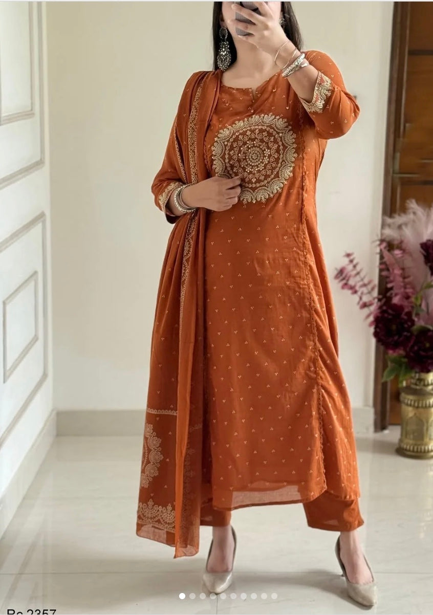 Orange Elegant A-Line Kurti with Embroidery & Dupatta