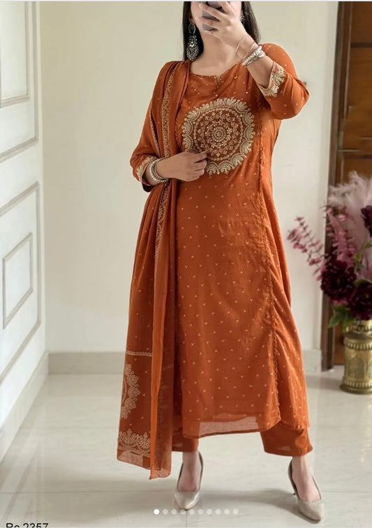 Orange Elegant A-Line Kurti with Embroidery & Dupatta