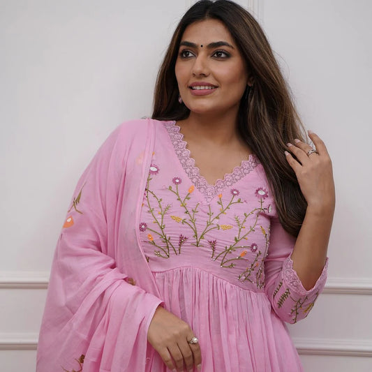 Pink Embroidered Anarkali Kurta with Dupatta