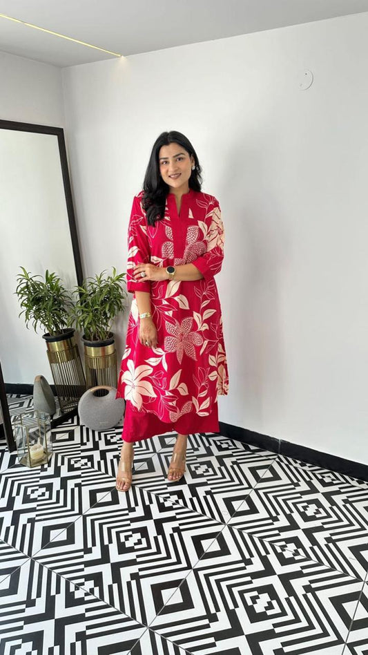 Bold Red Floral Kurta Set for Effortless Chic