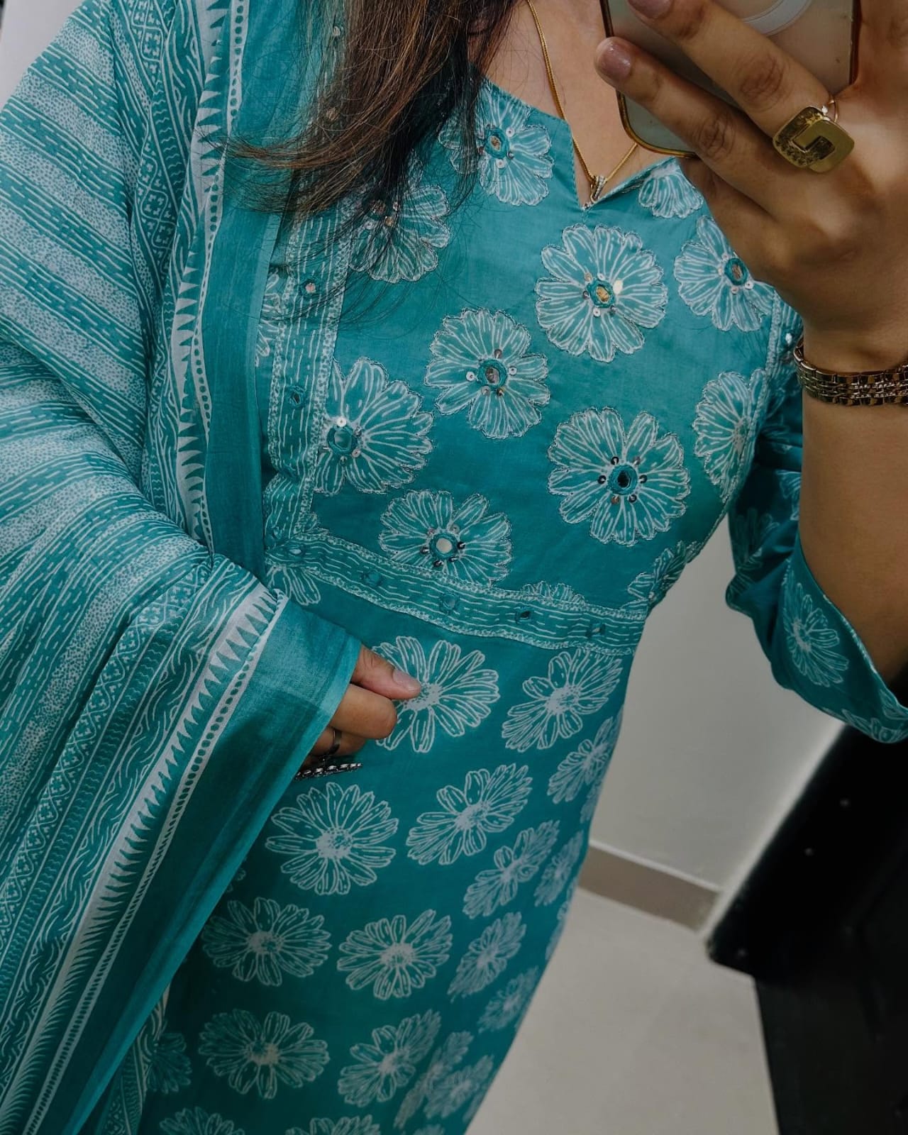 Floral Print Cotton Kurta Set with Striped Dupatta