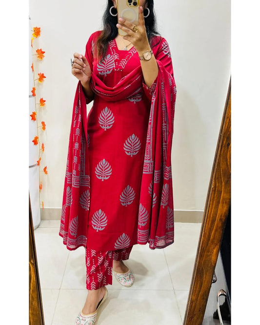 Elegant Red Cotton Kurta Set with Dupatta