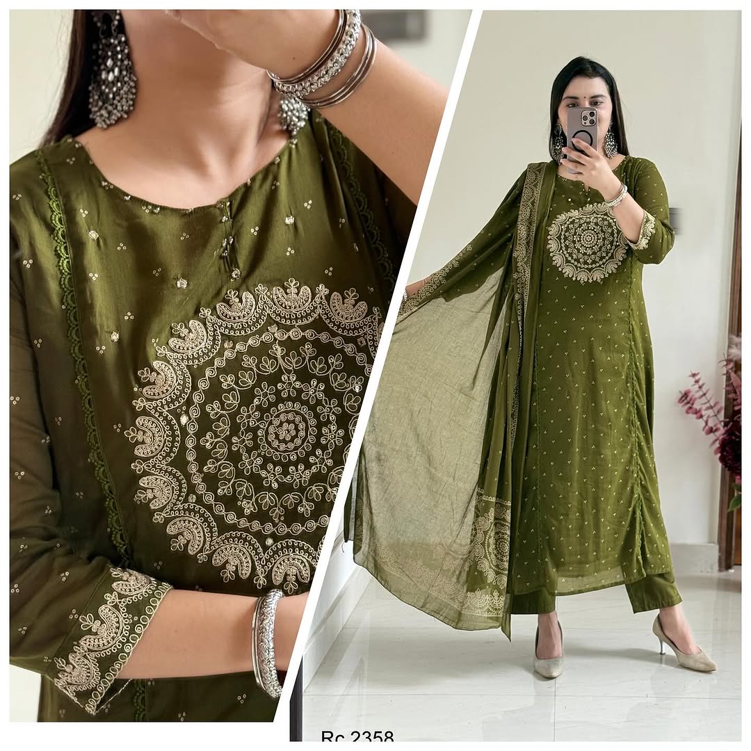 Green Elegant A-Line Kurti with Embroidery & Dupatta