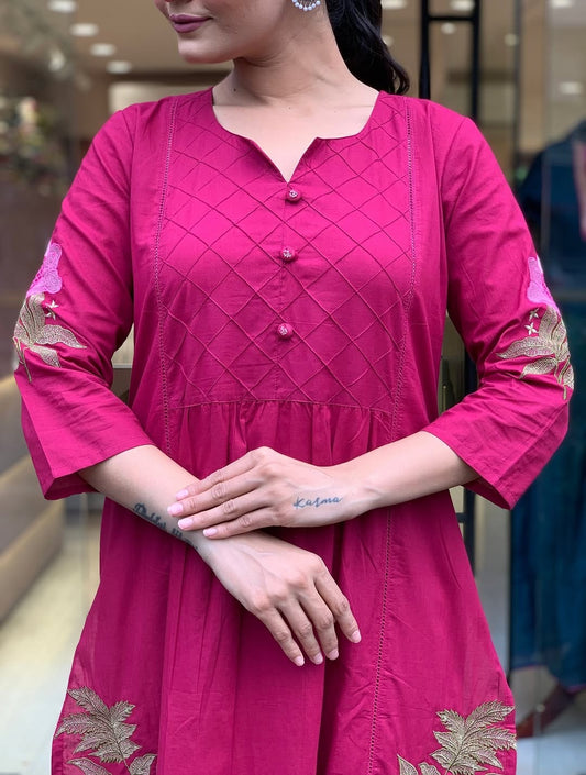 Embroidered Straight A-Line Kurta with One-Side Pocket