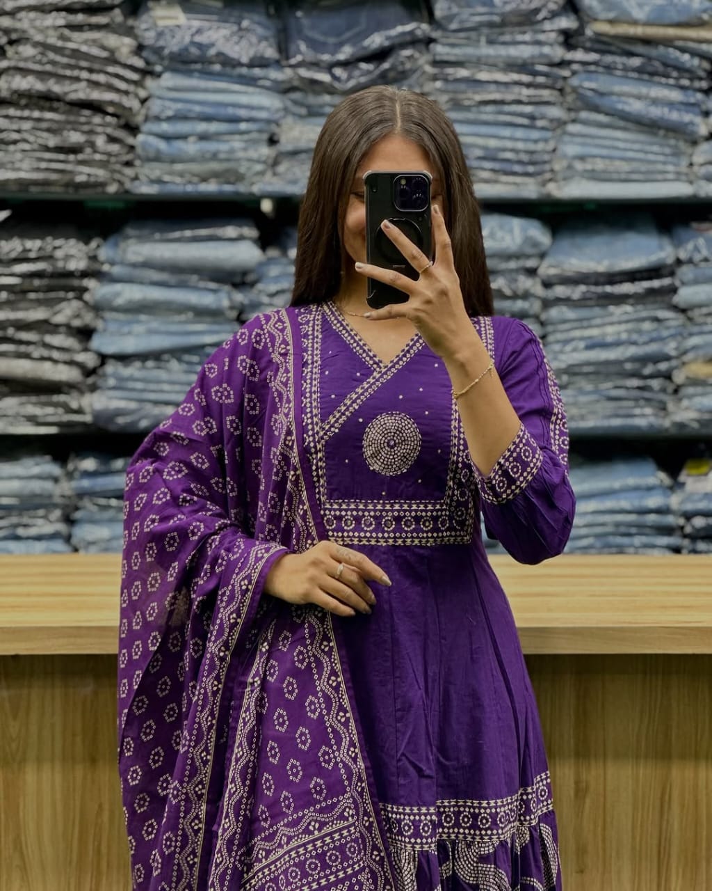 Purple Pure Malmal Cotton Bandhej Print Kurti