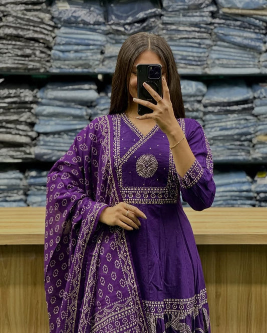 Purple Pure Malmal Cotton Bandhej Print Kurti