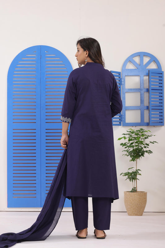 Navy Blue Embroidered Cotton Suit Set with Dupatta