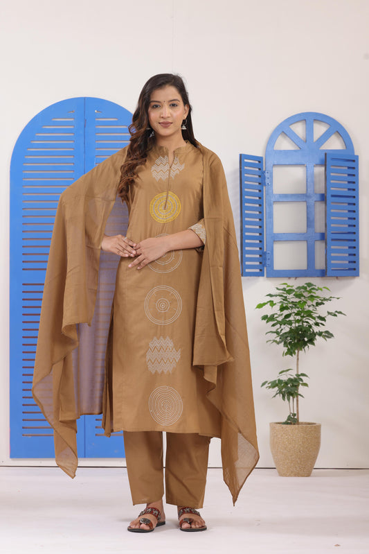 Beige Embroidered Cotton Suit Set with Dupatta