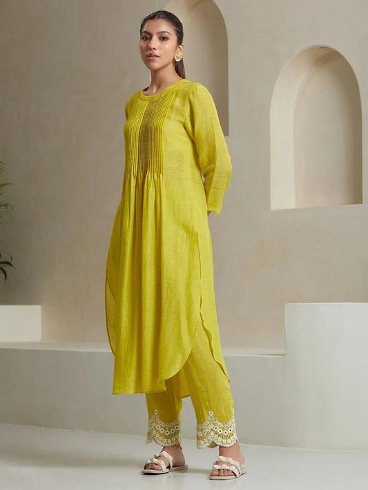 Lime Yellow Cotton Kurta Set with Checkered Dupatta