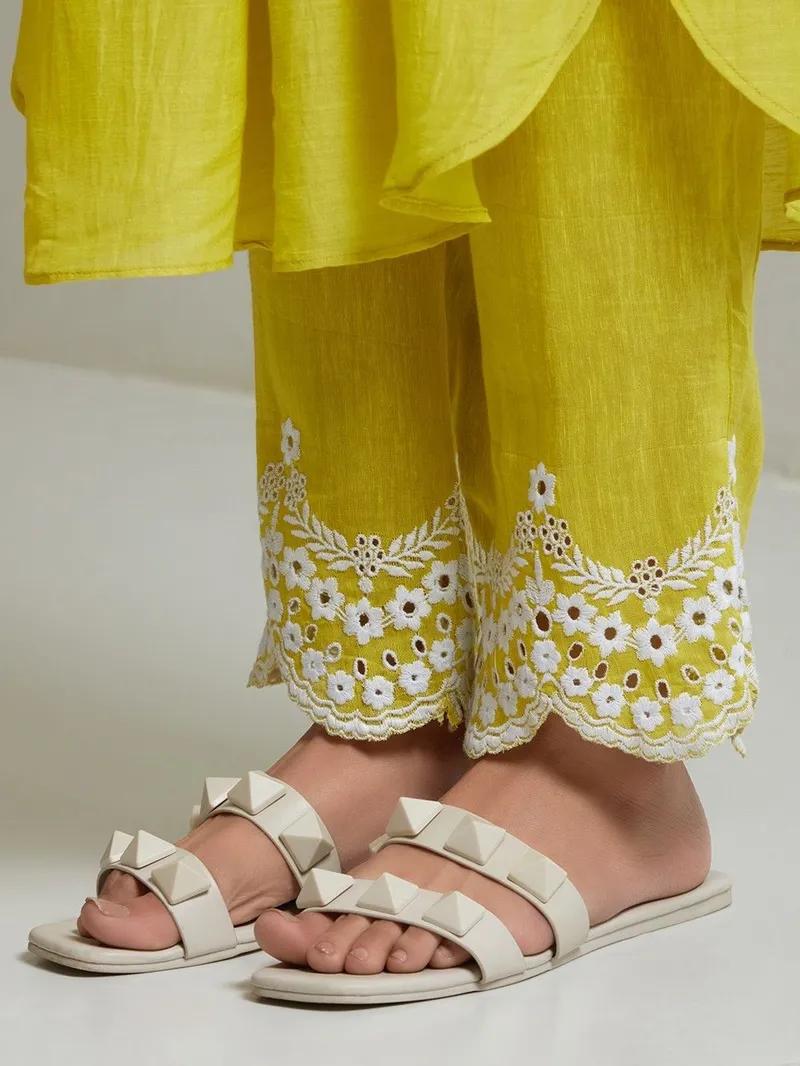 Lime Yellow Cotton Kurta Set with Checkered Dupatta