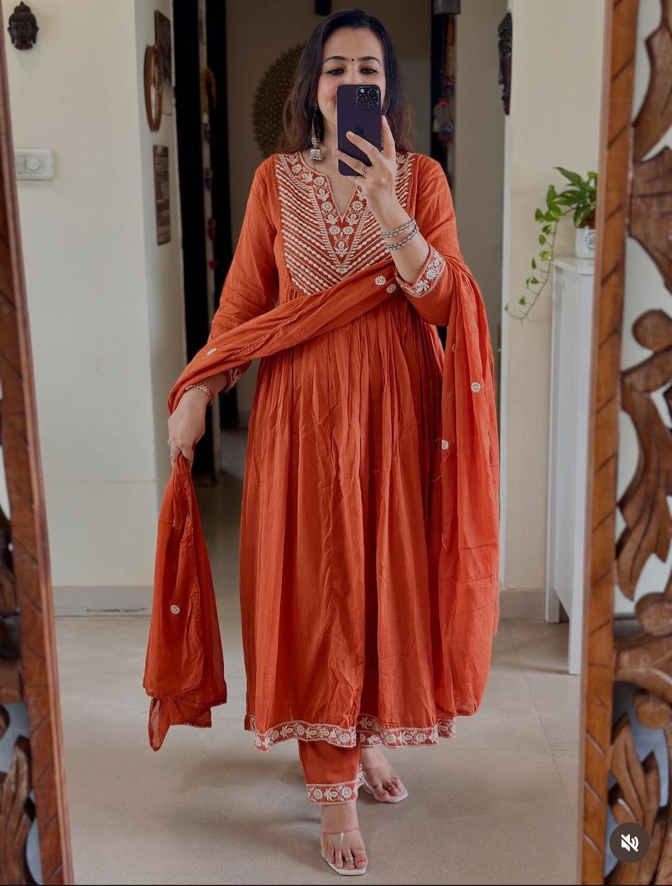 Rust Orange Embroidered Cotton Anarkali Set with Dupatta