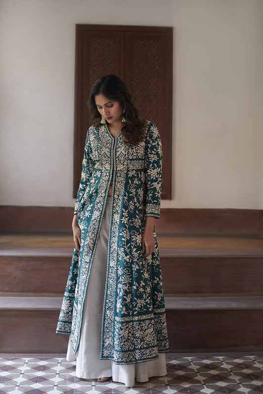 Elegant Teal Embroidered Long Jacket with White Inner Ensemble
