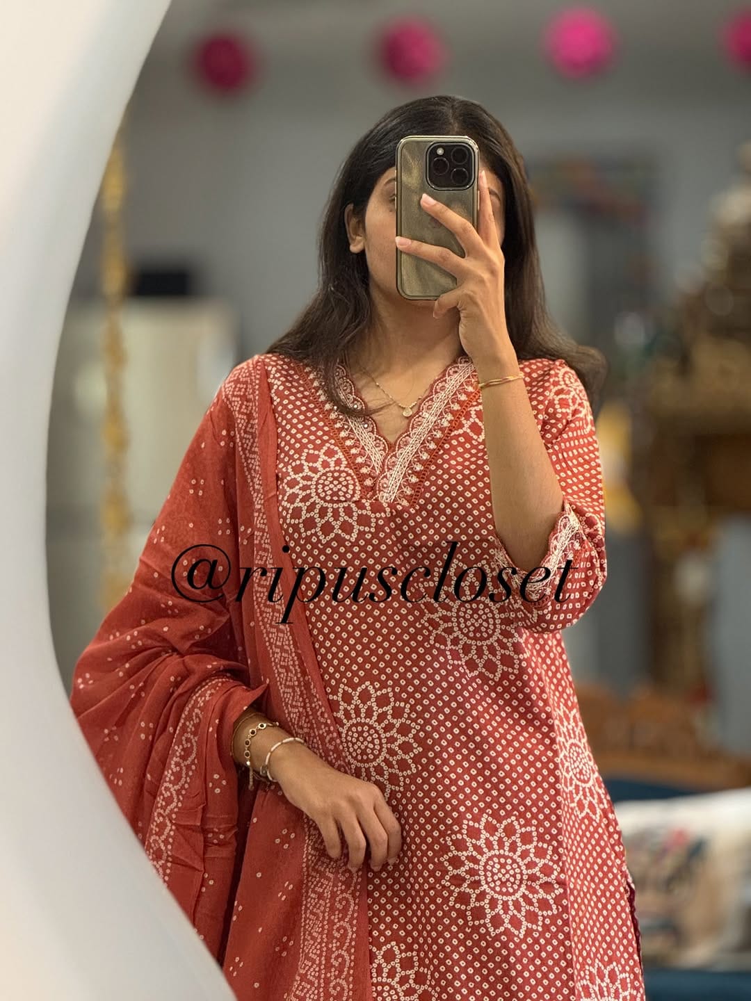 Rust Beautiful Cotton Kurti with Pant and Dupatta Set with Embroidery Work