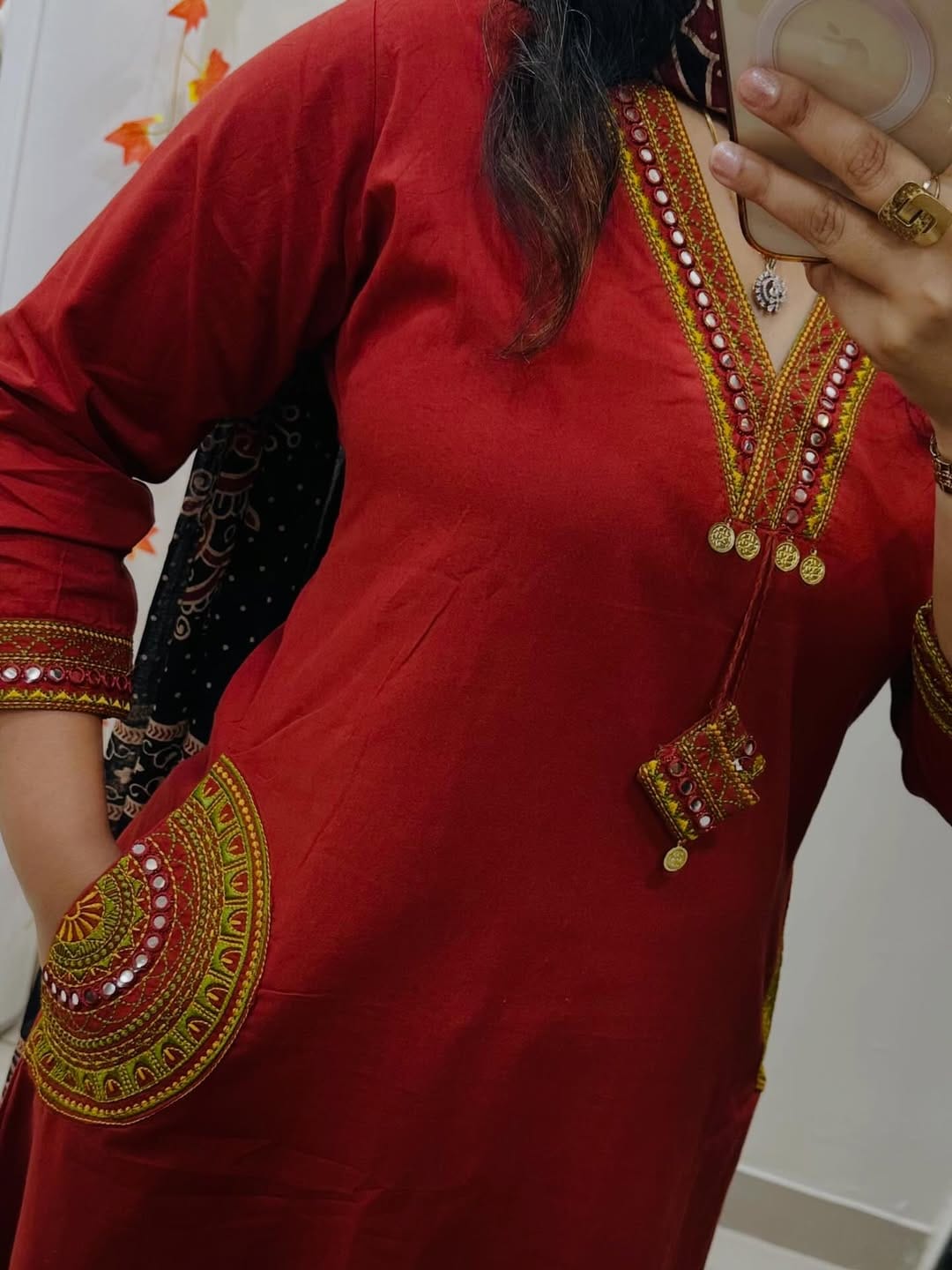 Women Red Cotton Rich Dhabu Embroidery Kurta Pant and Dupatta set