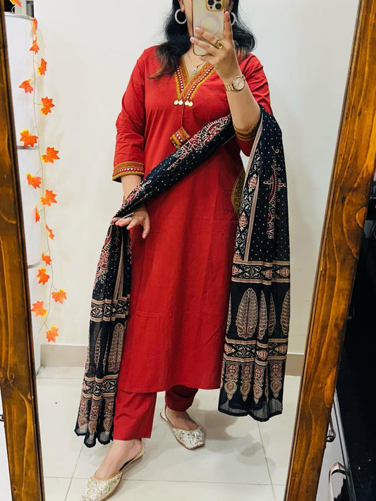 Women Red Cotton Rich Dhabu Embroidery Kurta Pant and Dupatta set