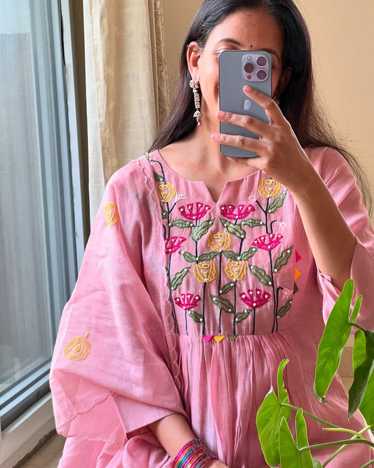 Blush Pink Embroidered Cotton Kurta Set