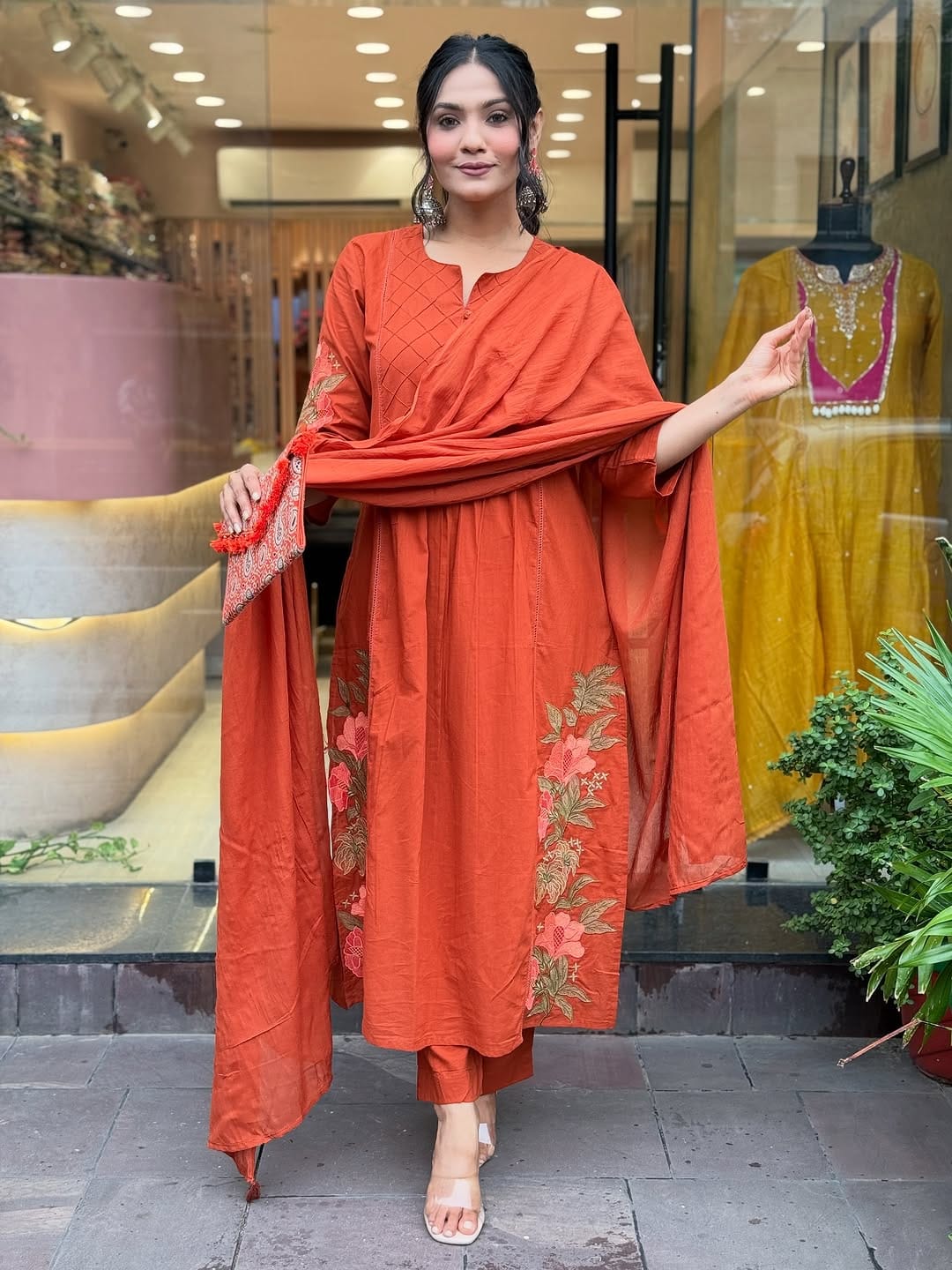 Embroidered Straight A-Line Kurta with One-Side Pocket