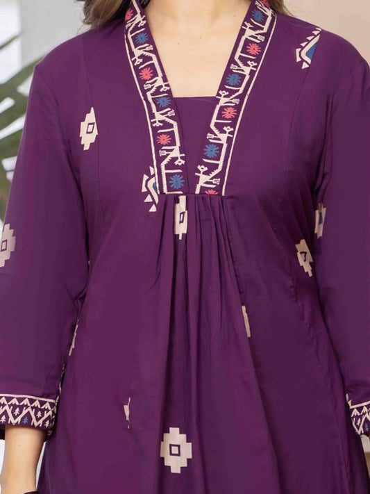 Wine Purple Printed Anarkali Kurta Set with Dupatta