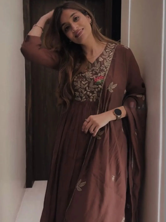 Brown Floral Embroidered Anarkali Kurta with Matching Dupatta