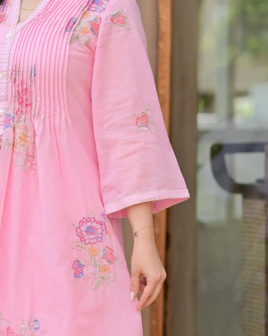 Pink A-line mulmul cotton kurta set with a plazo