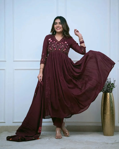 Maroon-Cotton-Kurta-Pant-Set-with-Beautiful-Embroidery-and-Sequence