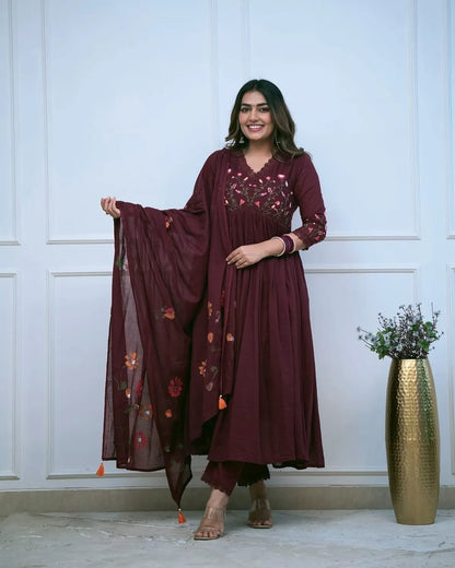 Maroon-Cotton-Kurta-Pant-Set-with-Beautiful-Embroidery-and-Sequence