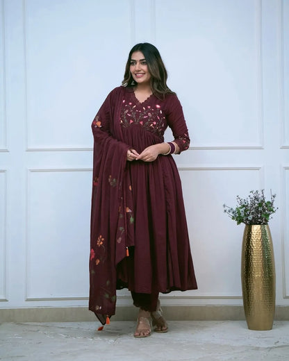 Maroon-Cotton-Kurta-Pant-Set-with-Beautiful-Embroidery-and-Sequence