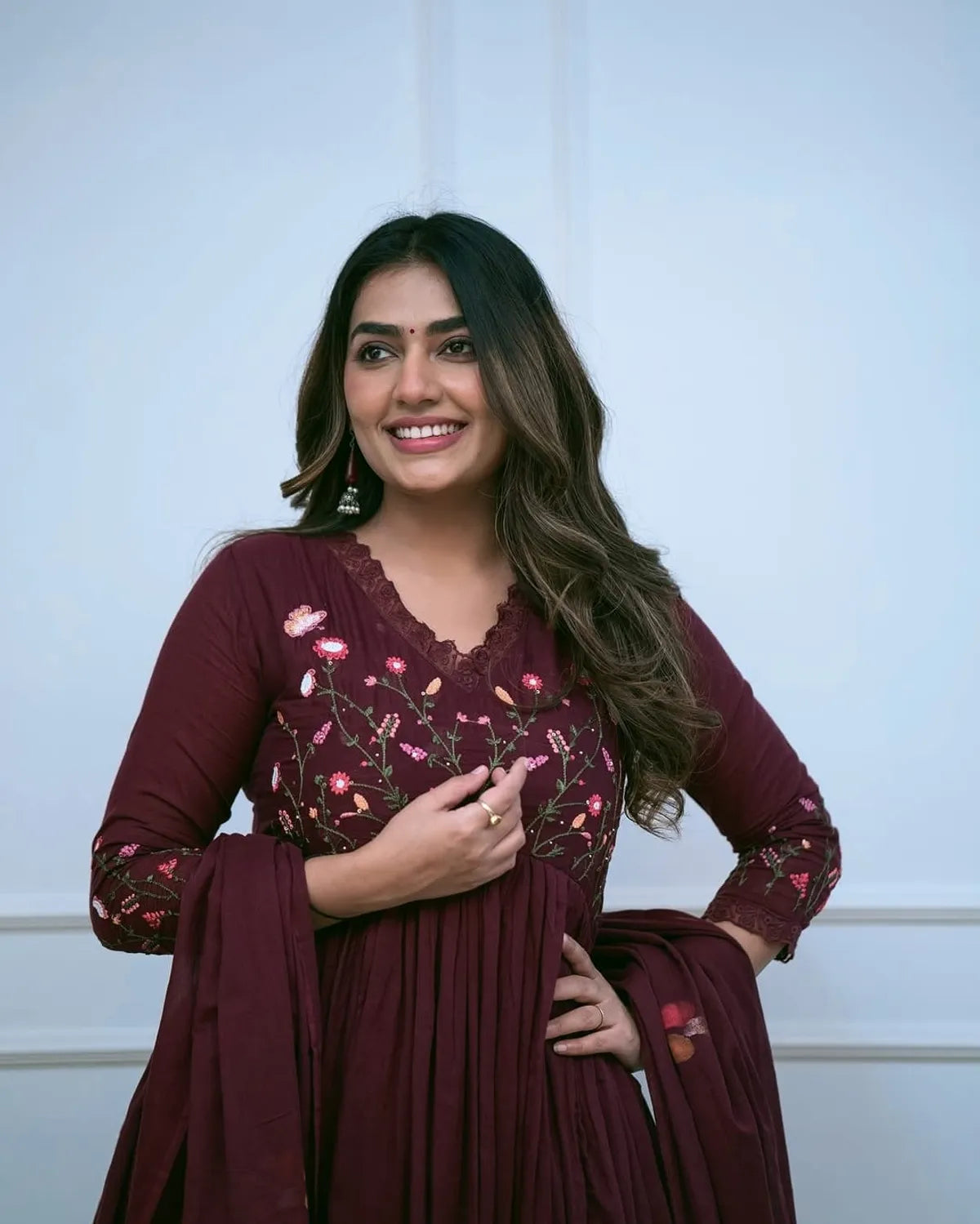 Maroon-Cotton-Kurta-Pant-Set-with-Beautiful-Embroidery-and-Sequence