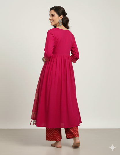 Pink Cotton Kurta, Pant And Dupatta Set with Embroidery Work