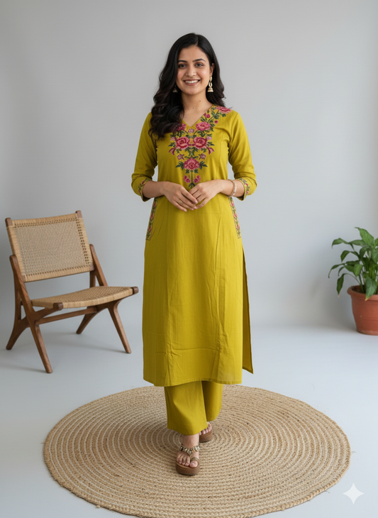 Elegant Mustard Yellow Embroidered Kurta Set for Women