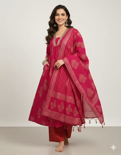Pink Cotton Kurta, Pant And Dupatta Set with Embroidery Work