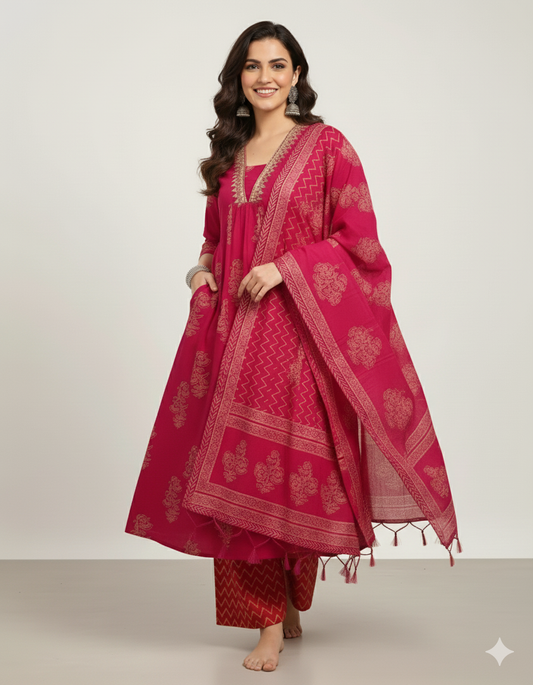 Pink Cotton Kurta, Pant And Dupatta Set with Embroidery Work