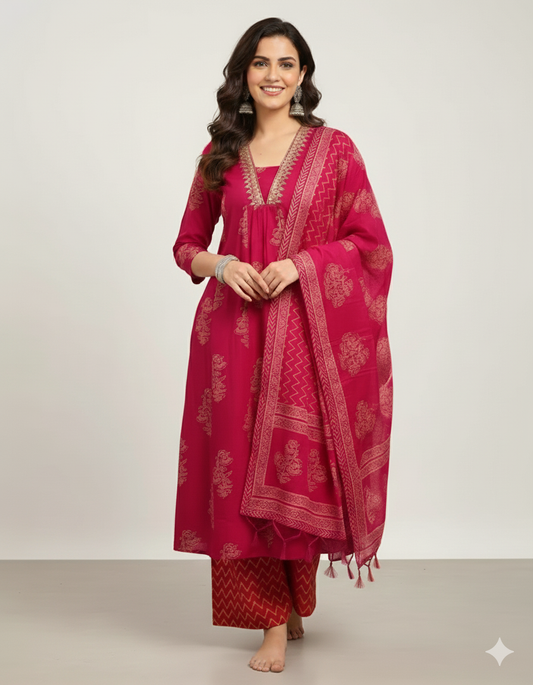 Pink Cotton Kurta, Pant And Dupatta Set with Embroidery Work