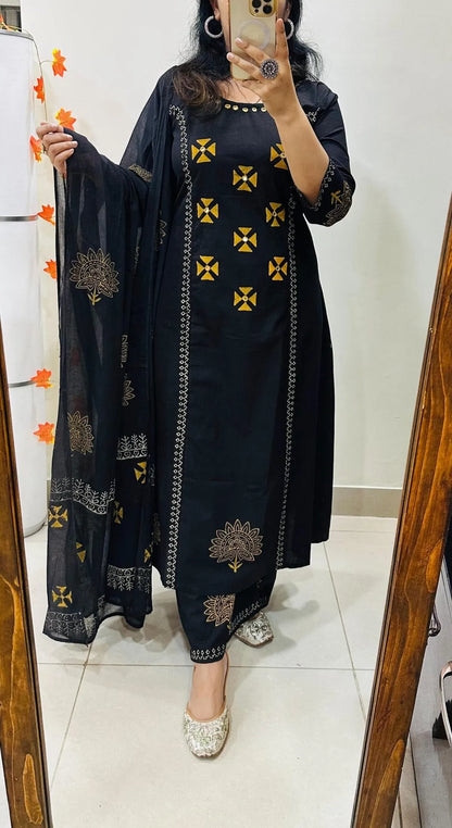 Jaipuraa Gold Printed A-Line Kurti Set with Palazzo & Dupatta