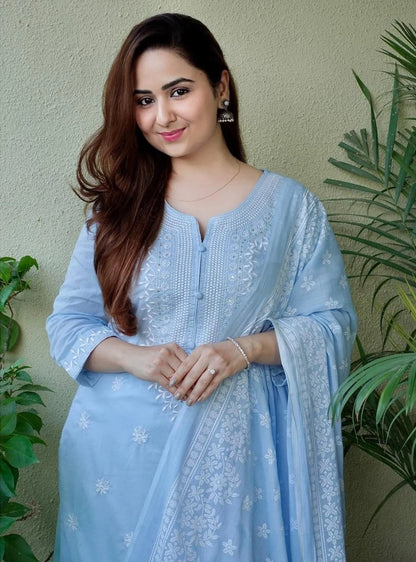 Sky Blue Cotton Embroidered Kurta Pant Set