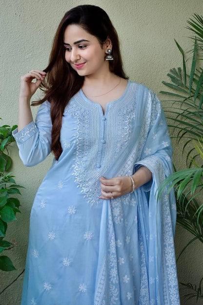 Sky Blue Cotton Embroidered Kurta Pant Set