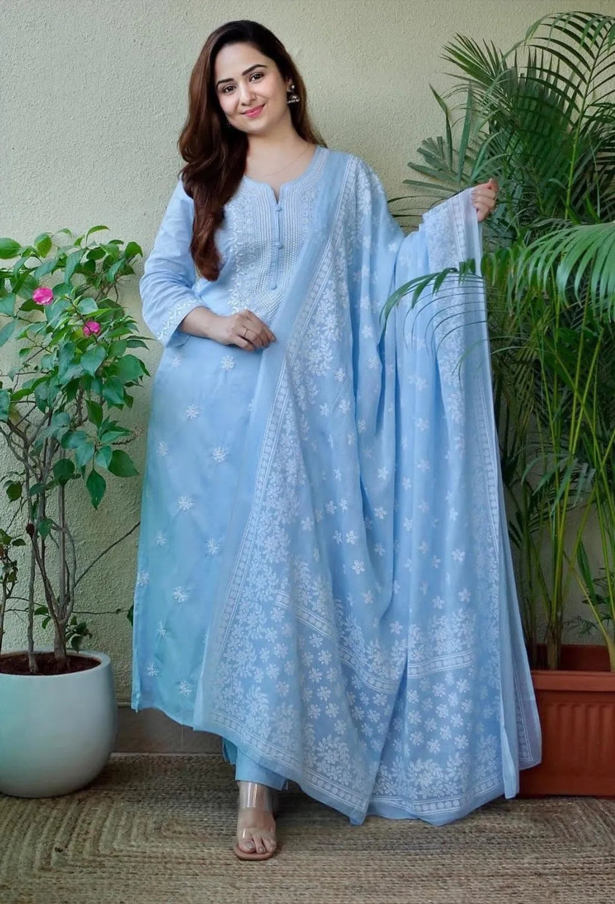 Sky Blue Cotton Embroidered Kurta Pant Set