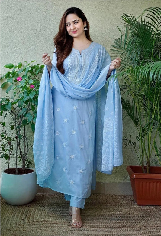 Sky Blue Cotton Embroidered Kurta Pant Set