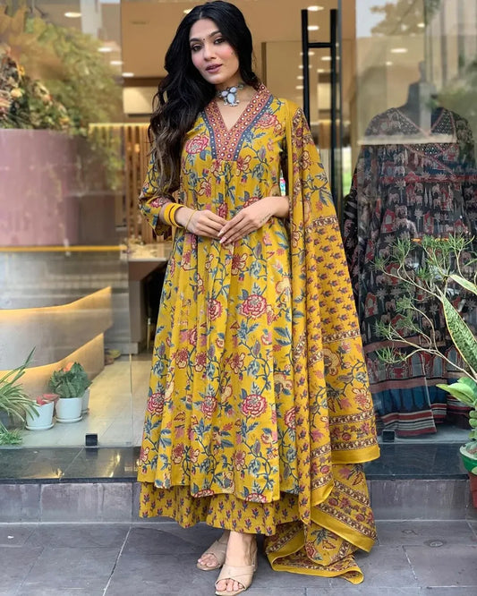 Mustard Yellow Floral Printed Anarkali Suit with Dupatta