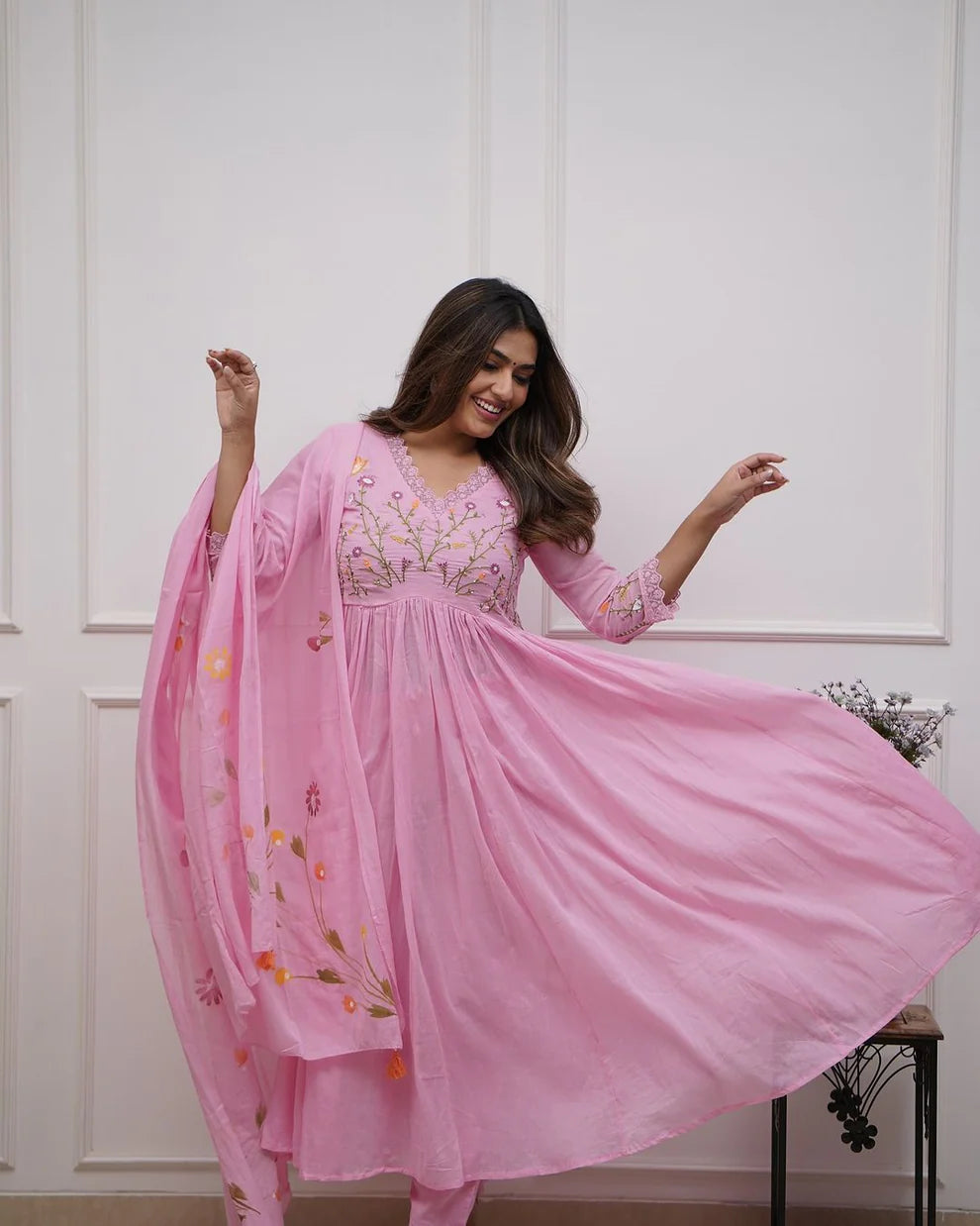 Pink Embroidered Anarkali Kurta with Dupatta