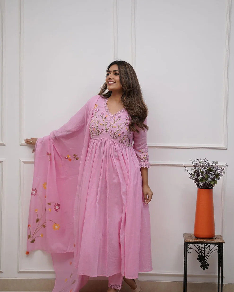 Pink Embroidered Anarkali Kurta with Dupatta
