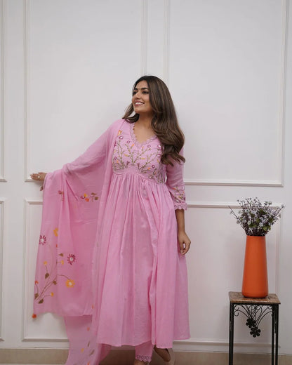 Pink Embroidered Anarkali Kurta with Dupatta