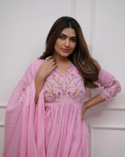 Pink Embroidered Anarkali Kurta with Dupatta