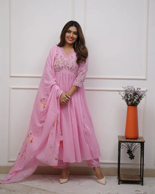 Pink Embroidered Anarkali Kurta with Dupatta