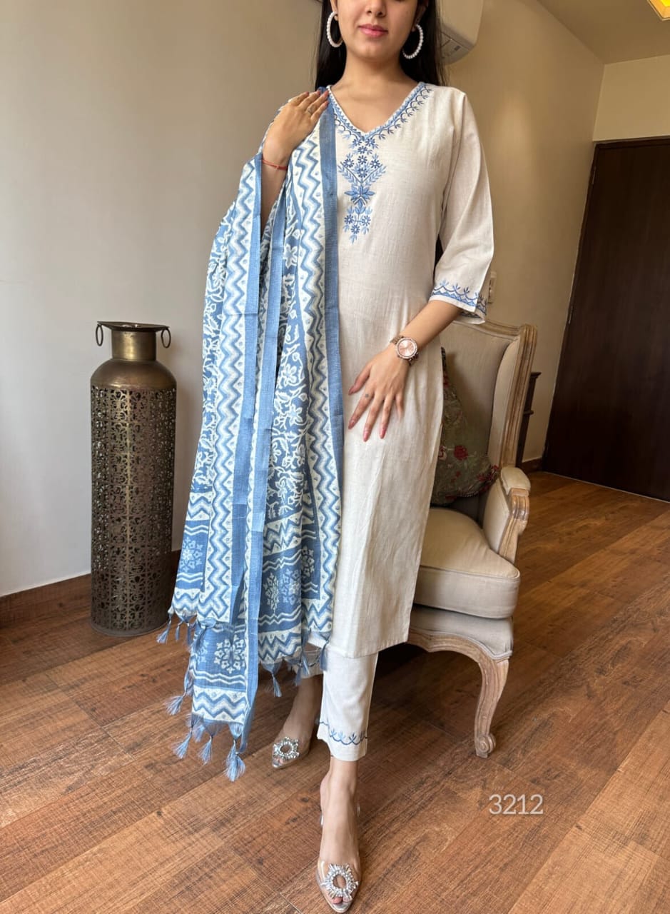 Off White Embroidered Cotton Flex Suit Set With Cotton Silk Dupatta
