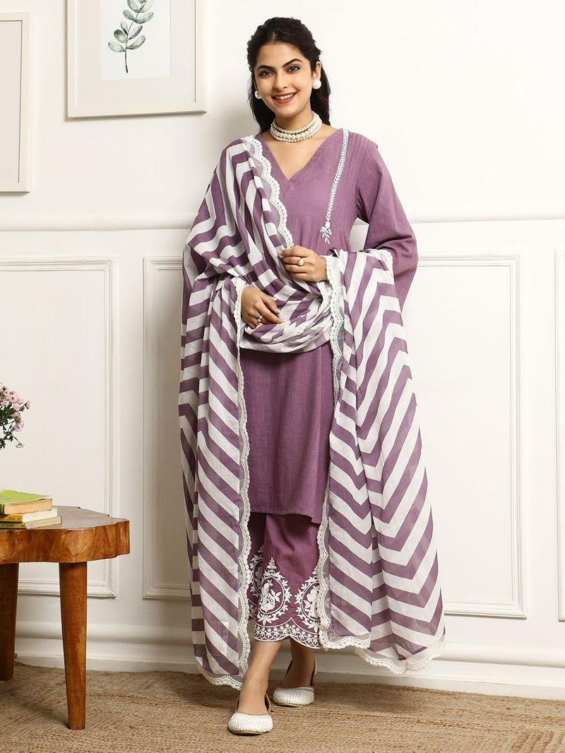 Elegant Mauve Cotton Kurta Set with Chevron Dupatta