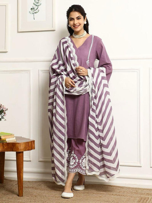 Elegant Mauve Cotton Kurta Set with Chevron Dupatta
