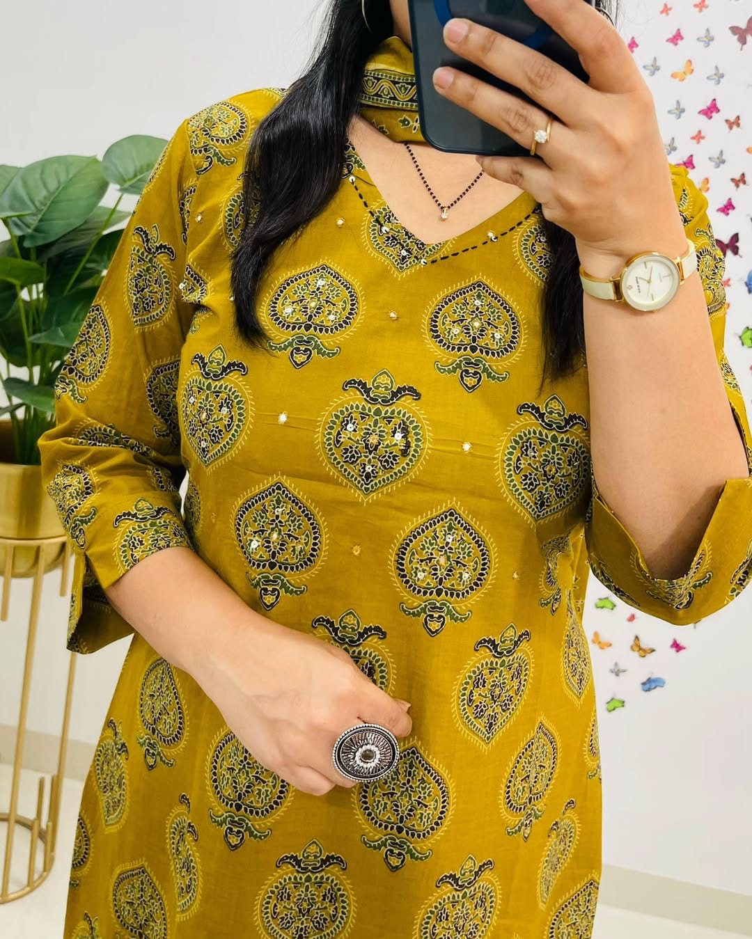 Mustard Yellow Printed Cotton Suit Set